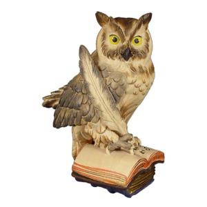 Owl on book with feather