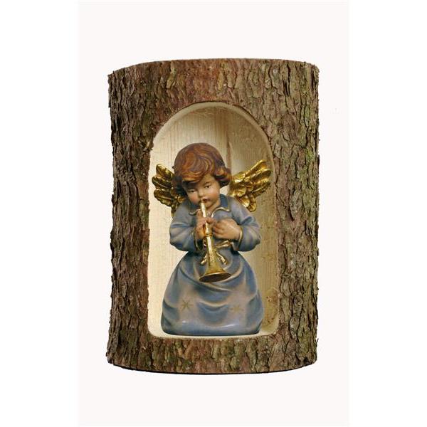 Bell angel with trumpet  in a tree trunk - color