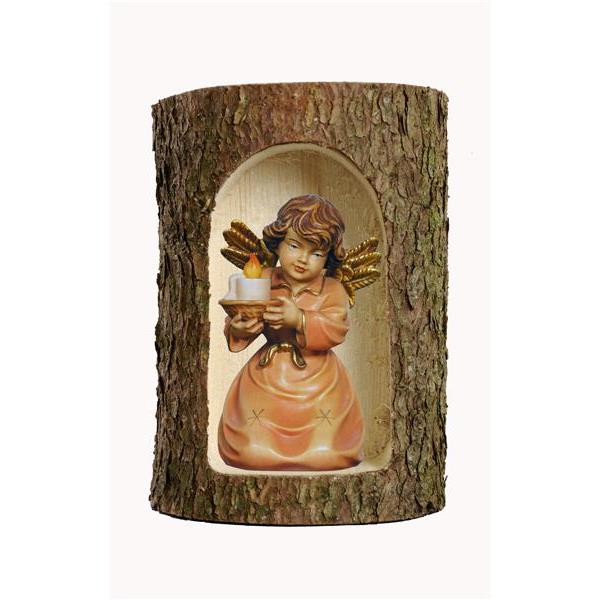 Bell angel with candle-carrier in a tree trunk - color