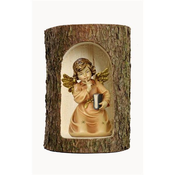 Bell angel with book in a tree trunk - color