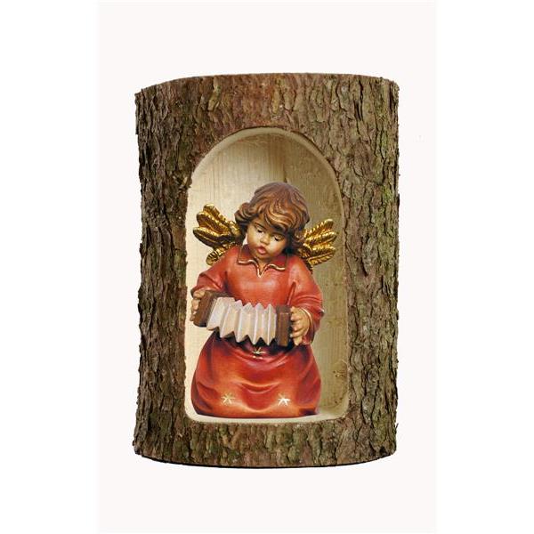 Bell angel with accordion in a tree trunk - color