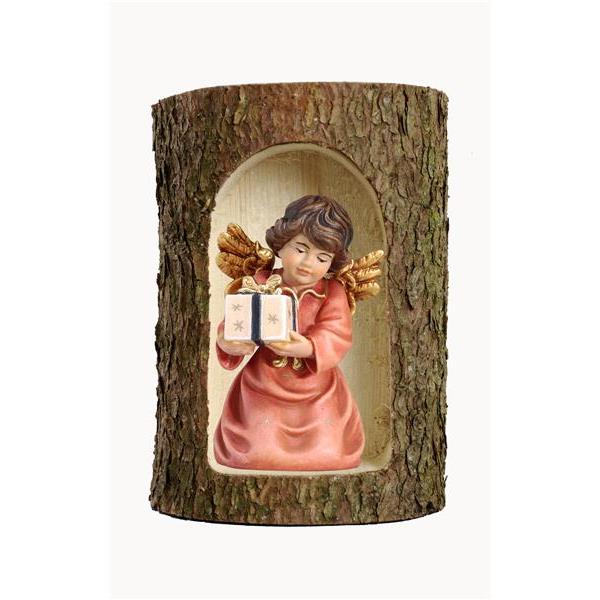 Bell angel with parcel in a tree trunk - color