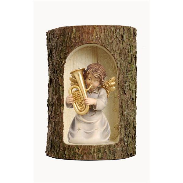 Bell angel with tuba in a tree trunk - color