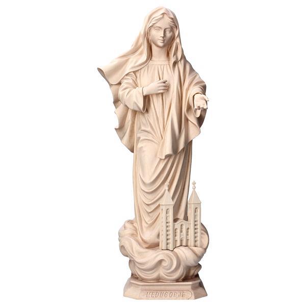 Our Lady of Medjugorje with church - Linden wood carved - natural