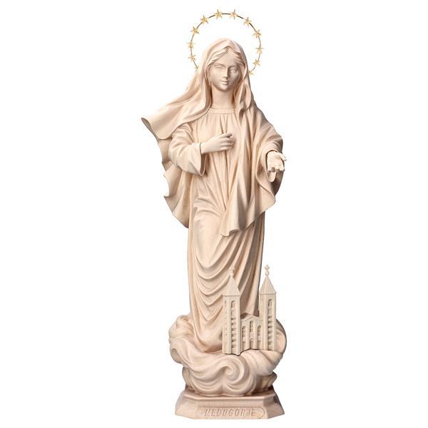 Our Lady of Medjugorje with church with Halo 12 stars brass - Linden wood carved - natural