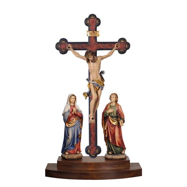 Gruppo di crocefissione Leonardo su croce barocca d'appoggio - colorato