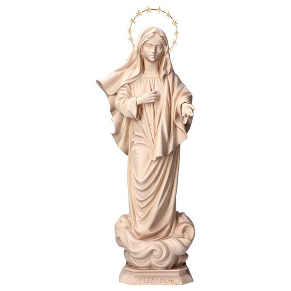 Madonna di Medjugorje con Raggiera 12 stelle - Legno di tiglio scolpito - naturale